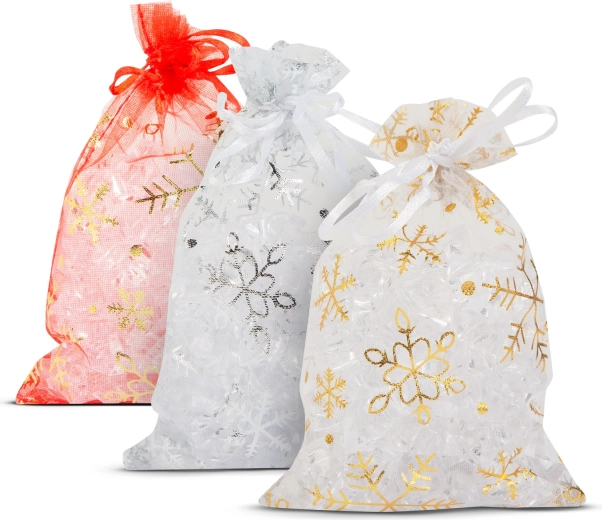 Săculeț cadou din organză cu fulgi de zăpadă 10 × 15 cm - 1 bucată