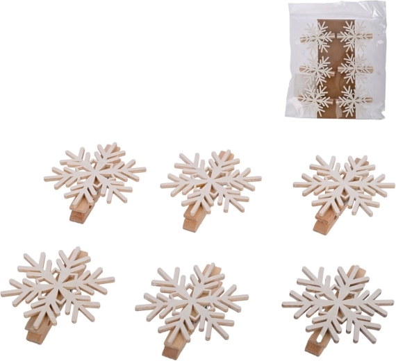 Clemuțe decorative din lemn cu fulg alb, 6 buc.