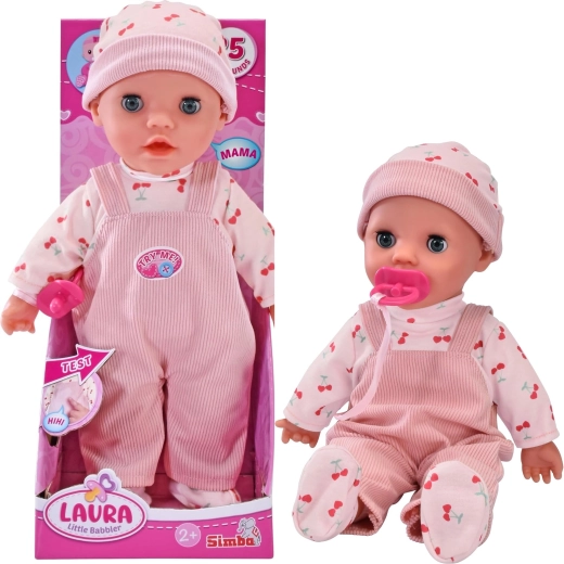 Păpușă interactivă Laura, bebeluș drăgălaș care gângurește, cu sunete și suzetă, 30 cm