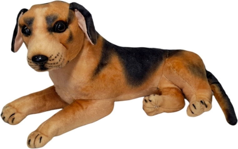 Câine de pluș în variantă maro-negru