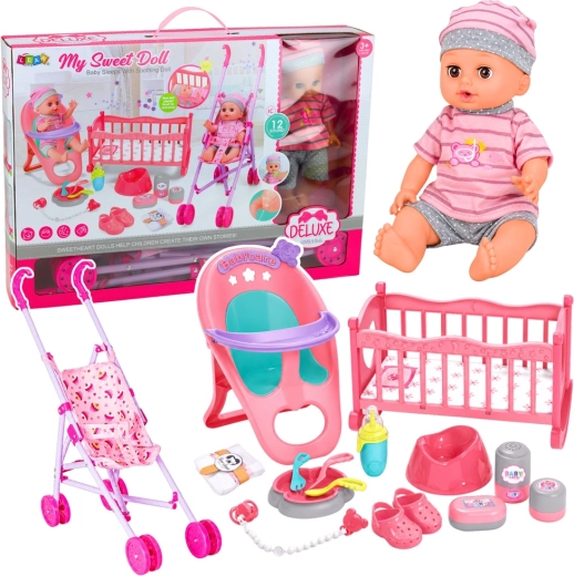 Păpușă bebeluș interactivă cu cărucior, leagăn și accesorii 3 în 1