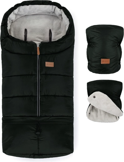 Petite&Mars set sac de iarnă Jibot 3în1 și mănuși pentru cărucior Jasie Ink Black