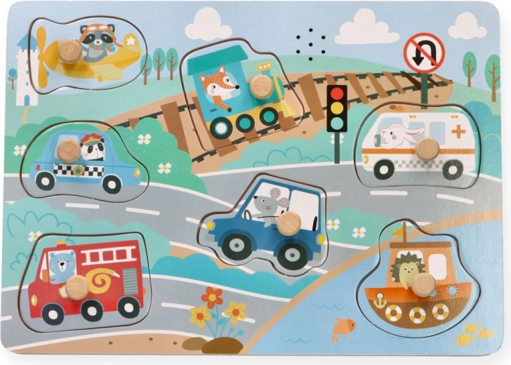Puzzle sonor din lemn AdamToys cu mijloace de transport