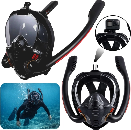 Mască de snorkeling facială completă cu AntiFog și DryTop, neagră L/XL