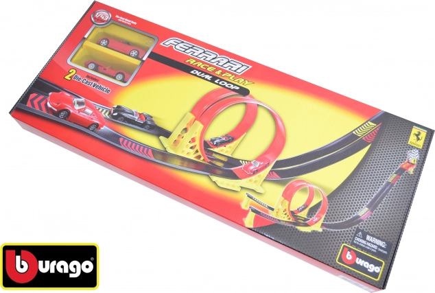 Bburago Ferrari Race & Play buclă dublă cu 2 mașini și cutie portabilă 1:43