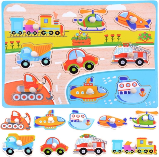 Puzzle din lemn tip încastrare – mijloace de transport (9 piese)