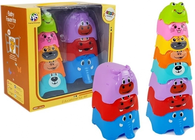 Piramidă cu căni din plastic pentru bebeluși Animăluțe