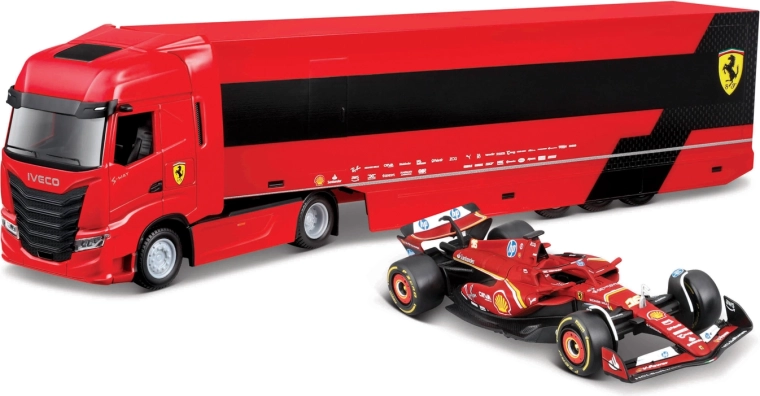 Bburago camion de curse Ferrari Iveco cu semiremorcă și F1 Ferrari SF-24 2024 (Charles Leclerc) 1:43