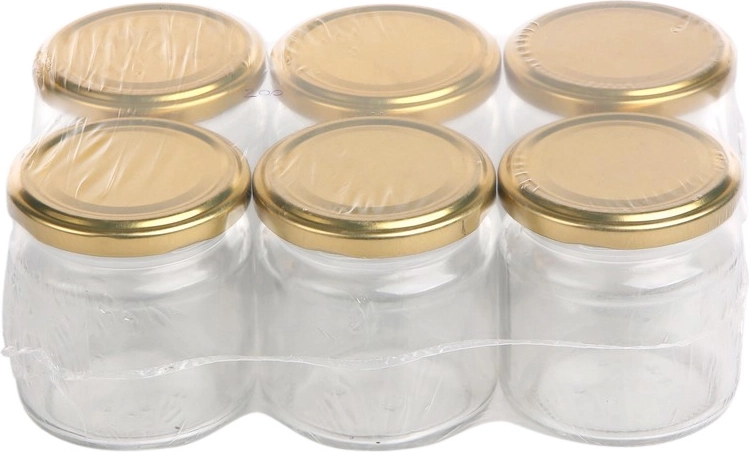 Set de 6 borcane din sticlă pentru conserve 200 ml cu capace aurii 66 mm