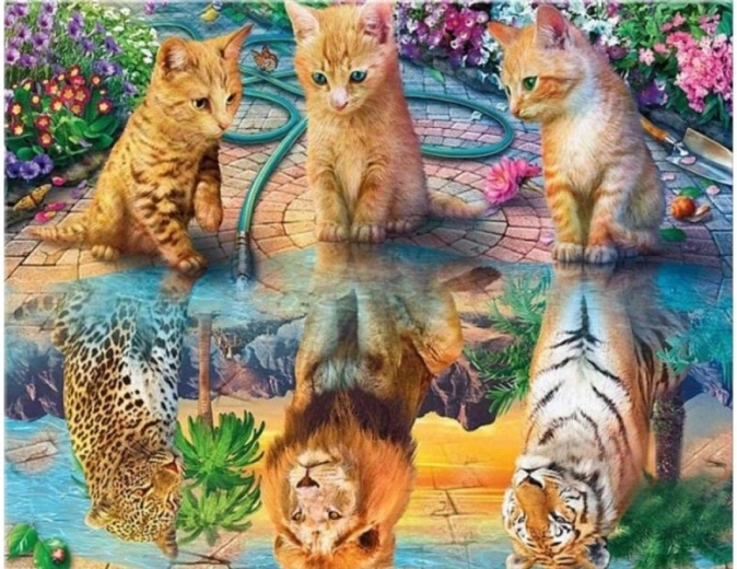 Broderie cu diamante (diamond painting) reflexie în oglindă – leopard, leu și tigru 40 × 30 cm