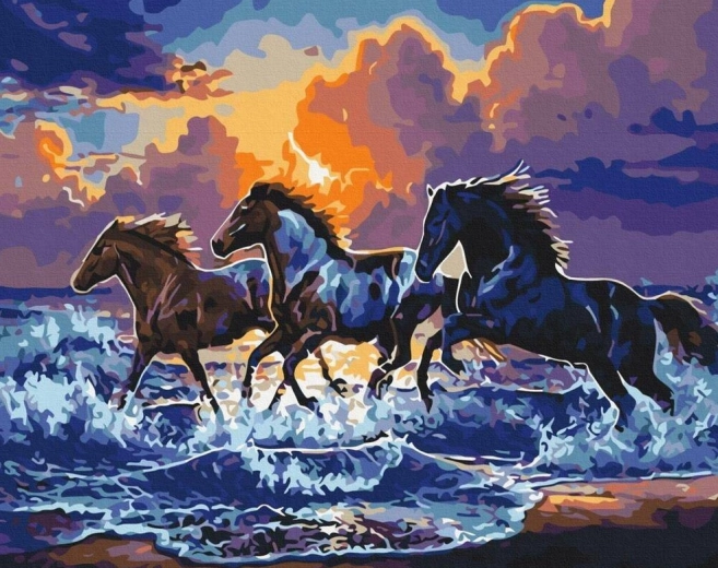Pictură cu diamante – cai sălbatici pe plajă 30 × 40 cm
