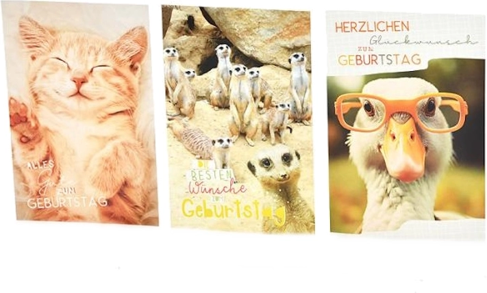 Felicitare de aniversare cu motive de animale, mix de motive, 11,5 × 17 cm - 1 bucată