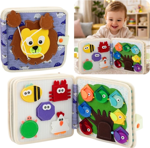 Carte senzorială din fetru Junglă – leu, carte activă Montessori pentru copii