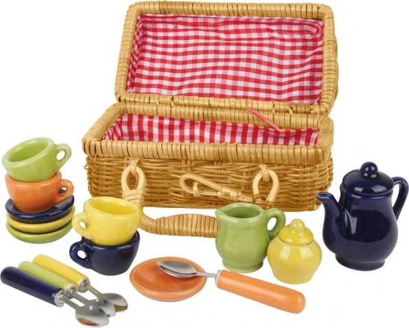Small Foot Coș de picnic cu veselă din ceramică colorată
