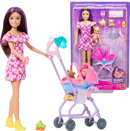Păpușa Barbie Skipper babysitter cu bebeluș și cărucior