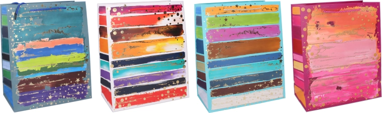 Pungă cadou M 26 × 32 × 10 cm – pentru tot anul, dungi colorate și accente aurii