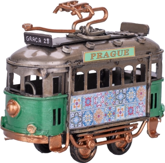 Model metalic de tramvai Prague 9 cm – tramvai decorativ verde cu rulare liberă