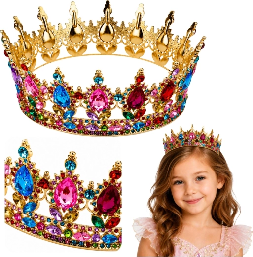 Coroană metalică aurie pentru prințesă cu cristale colorate (12,5 cm)