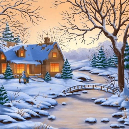 Norimpex Pictură după numere Om de zăpadă în fața casei 40 × 50 cm