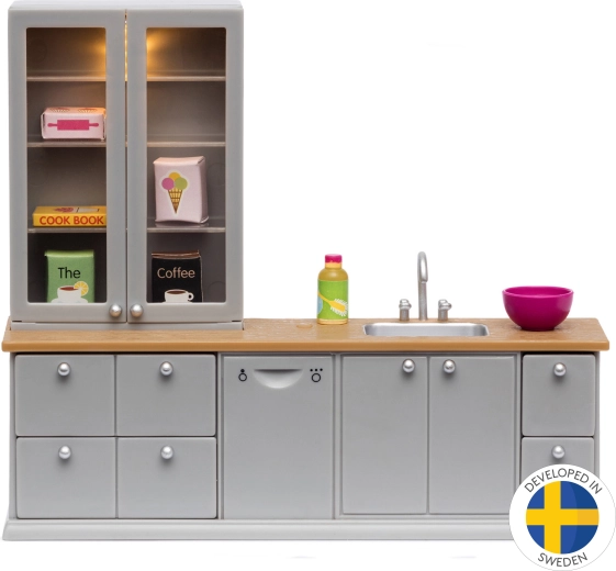 Mobilier de bucătărie pentru căsuța de păpuși cu bufet și iluminare LED Lundby