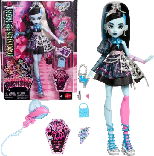 Păpușă Monster High Frankie Stein, aniversare înfricoșător de dulce, 27 cm, cu accesorii