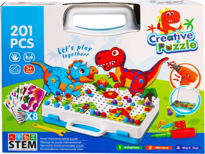 Set de construcție creativ cu dinozauri și bormașină electrică Creative Puzzle (201 piese)