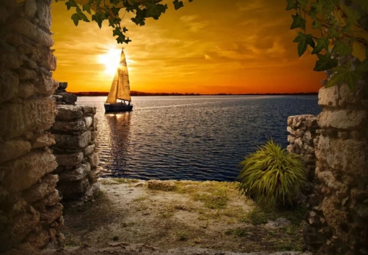 Pictură cu diamante – velier la apus 30 × 40 cm