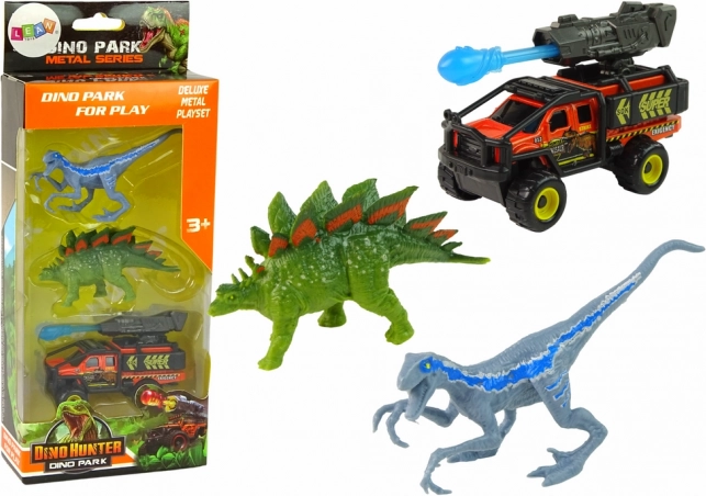 Set de dinozauri cu mașină de teren și lansator de rachete – albastru