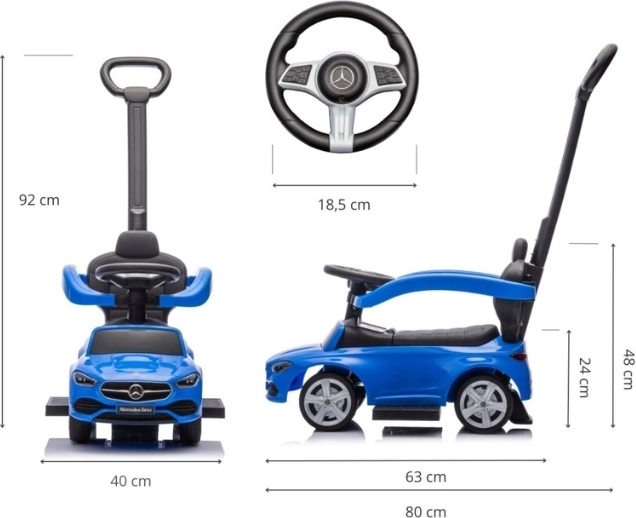 Mașinuță de împins cu mâner de ghidare Mercedes C-Class albastră