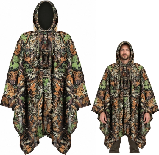 Poncho 3D de camuflaj cu glugă, camuflaj forestier, 130 × 110 cm