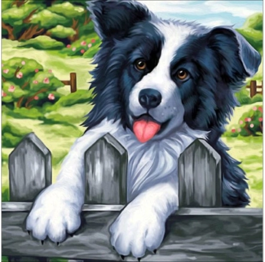 Broderie cu diamante (diamond painting) tablou „Câine pe gard” 30 × 30 cm - 1 bucată