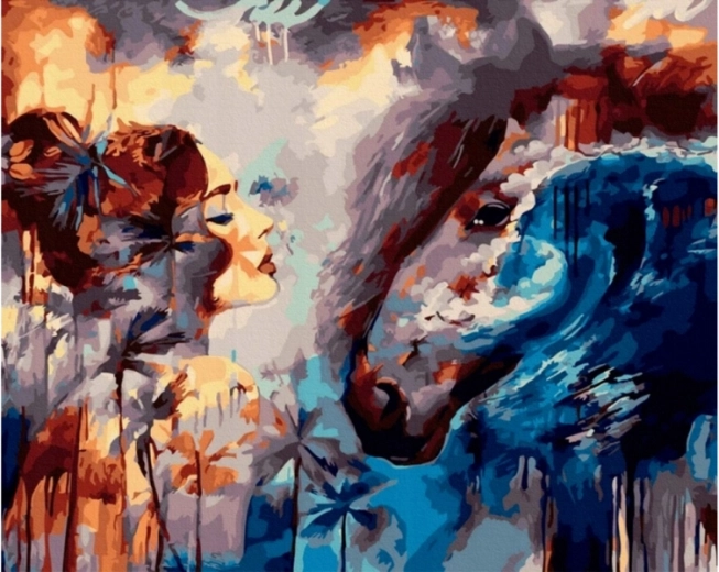 Pictură pe numere pe pânză în ramă 50 × 40 cm Priveliște – femeie și cal