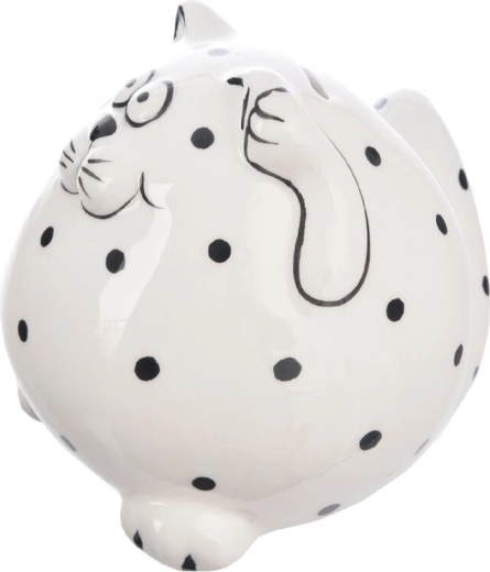 Pușculiță ceramică în formă de pisică, albă cu buline