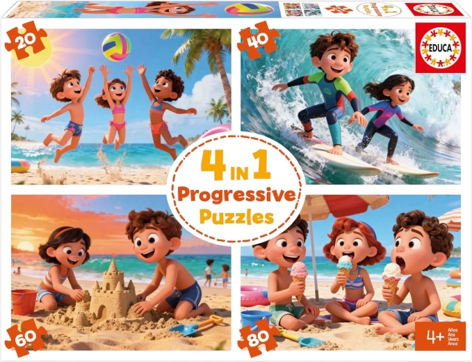 Puzzle pentru copii EDUCA Plajă 4 în 1 – asamblare progresivă (20–80 piese)