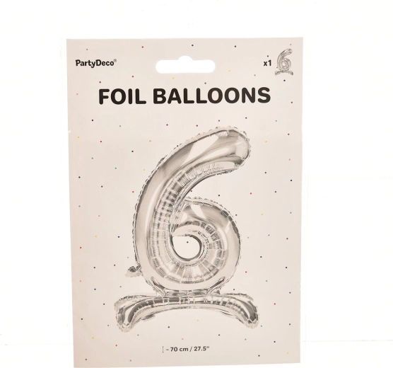 Balon din folie autoportant cifra 6, argintiu, 70 cm