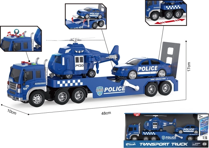 Autospecială de remorcare poliție 1:16 cu lumini, sunete, mașină și elicopter