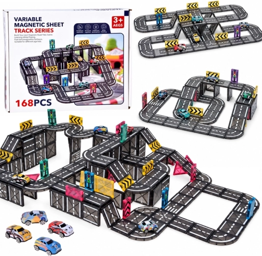 Set de construcție magnetic pentru trasee rutiere, cu 168 de piese, 4 mașinuțe și indicatoare rutiere