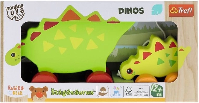 Trefl jucărie din lemn de tras dinozauri stegozaur