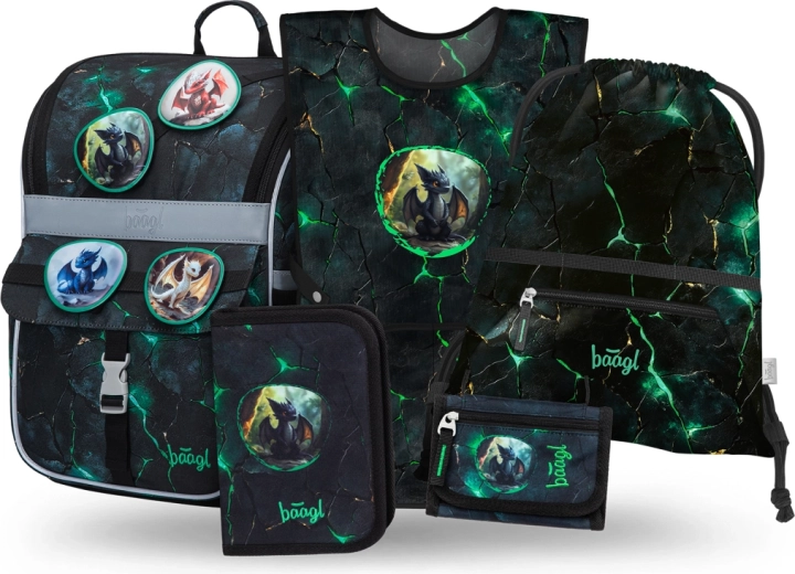 Set școlar Baagl Zippy Dragoni – ghiozdan, penar, săculeț, șorț și portofel