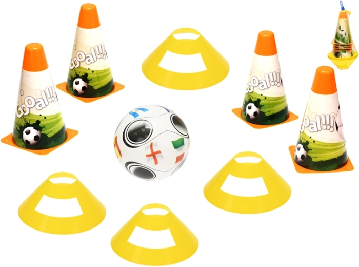 Set de antrenament fotbal pentru copii cu jaloane, discuri marcatoare și minge de 12 cm