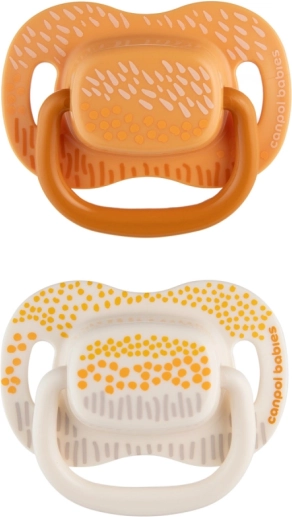 Set de suzete simetrice din silicon Mountains 6–18 luni, 2 buc – galben