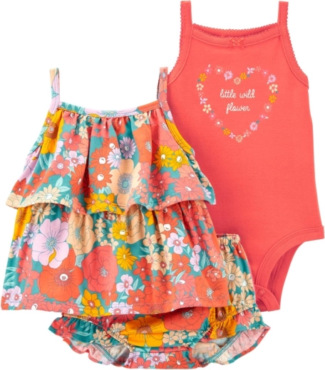 Set pentru fetițe Carter's: maiou, body și pantaloni scurți Orange Flowers (6 luni)