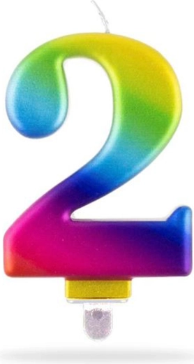 Lumânare cifră 2 cu țepușă, curcubeu, 7,5 cm
