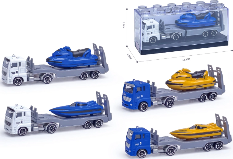 Camion metalic cu barcă cu motor 1:64 (mai multe tipuri)