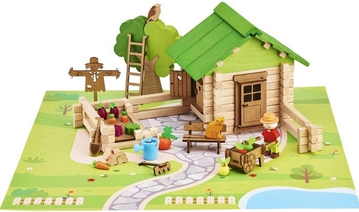 Jeujura set de construcție din lemn – căsuță cu grădină (135 piese)
