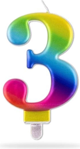 Lumânare de aniversare numărul 3, curcubeu, 7,5 cm