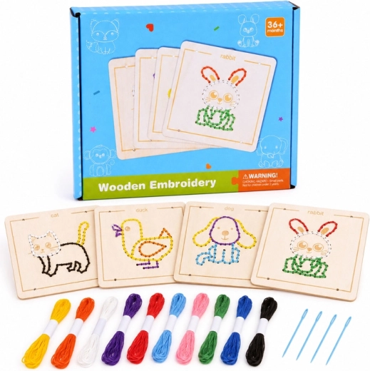 Jucărie Montessori din lemn pentru șnuruire/cusut pentru copii – set de 4 animăluțe cu mulină