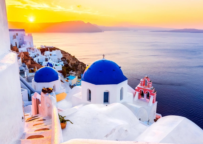 Enjoy Puzzle – Răsăritul soarelui deasupra Santorini, Grecia (1000 de piese)