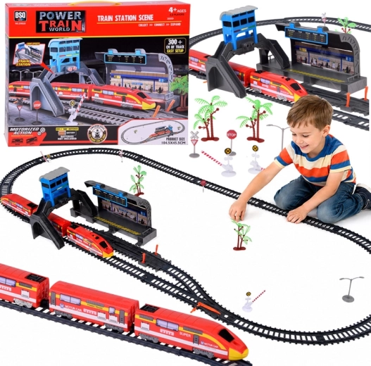 Circuit feroviar electric pentru copii cu gară și șine 300 cm