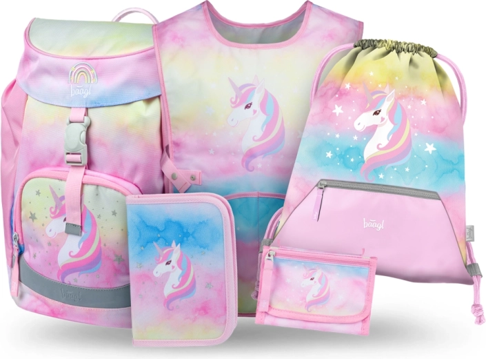 Set Baagl 5 Airy Rainbow Unicorn – rucsac școlar, penar, săculeț, șorț și portofel